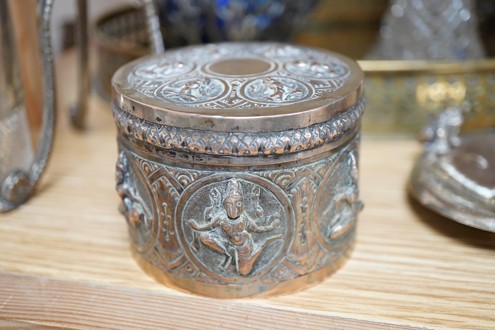 An Art Nouveau style enamelled timepiece by A. E. Williams, a small group of various plated wares and some small silver
